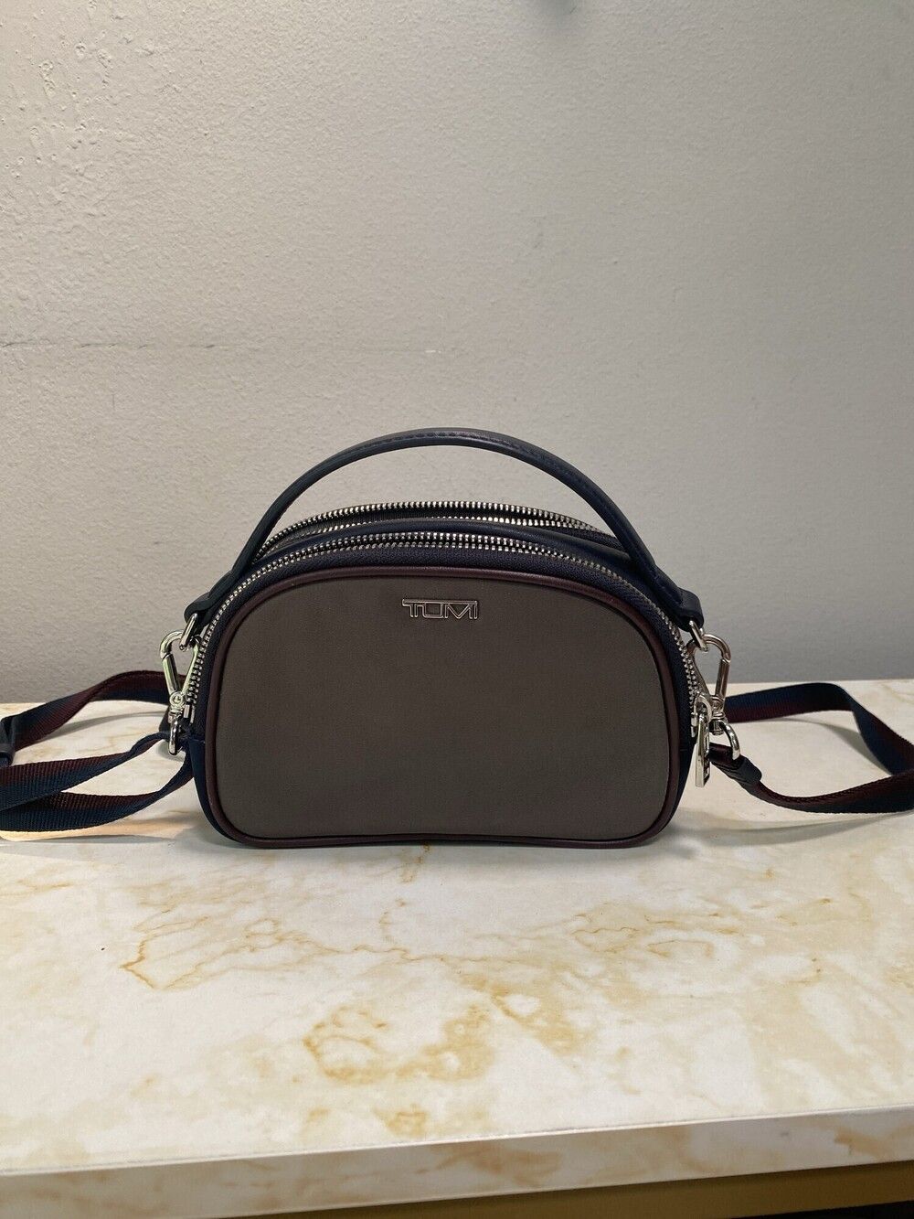 TUMI Gray/Navy Nylon Leather Small Double Zip Crossbody Bag